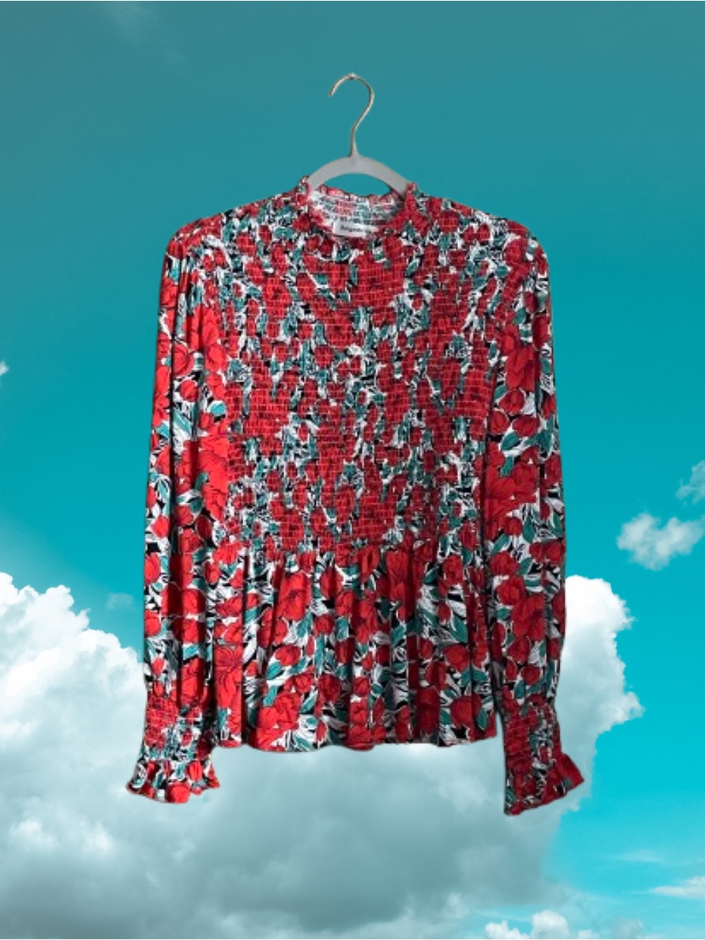 Smocked floral Angashion peplum top ruffles sz Large
